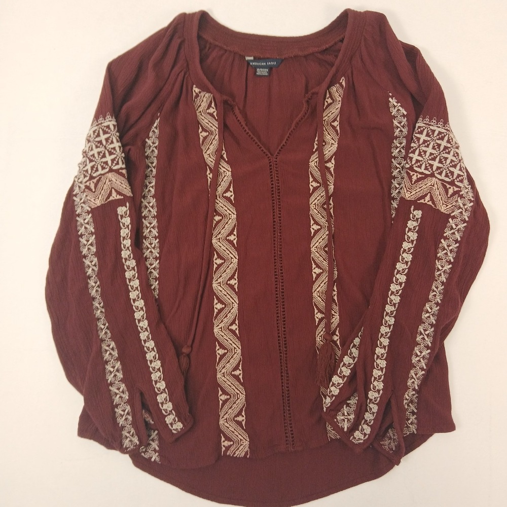 American Eagle Shirt Womens XS Burgundy Embroidered Boho Long Sleeve Peasant Top